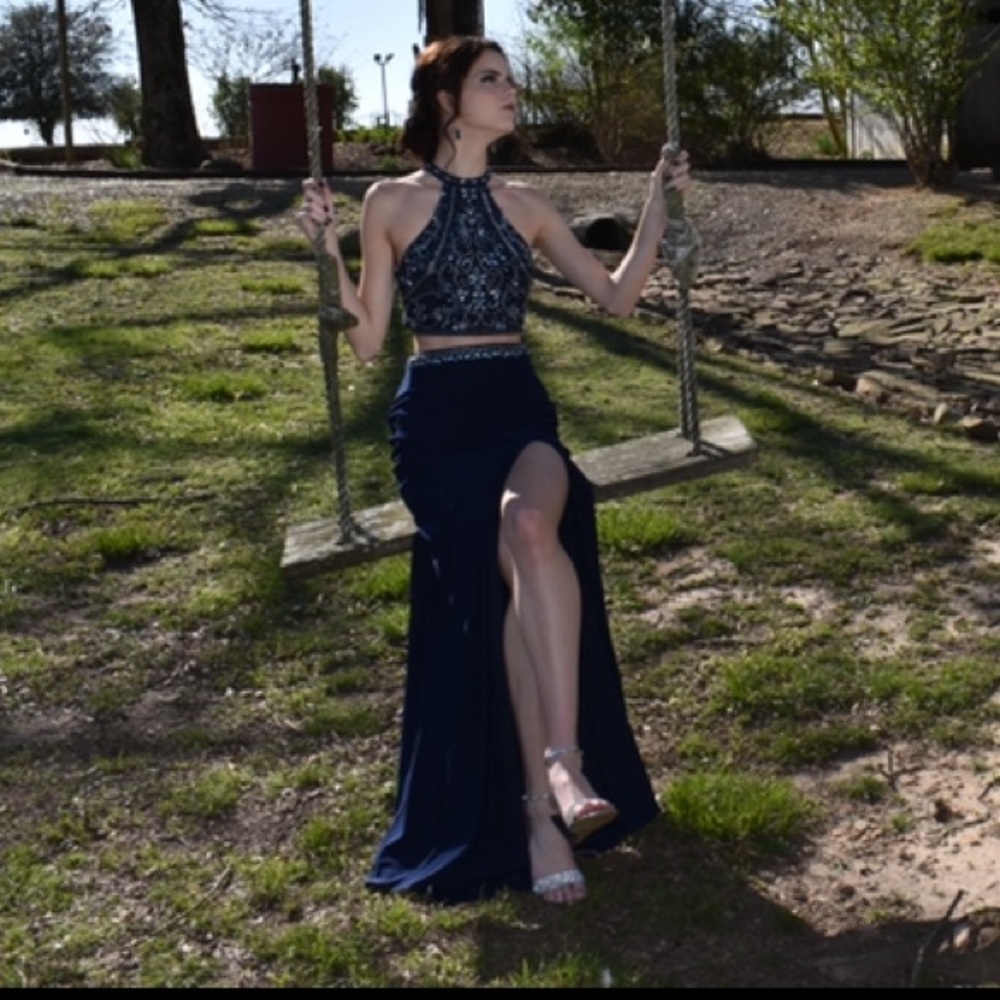 Two piece blue prom dress